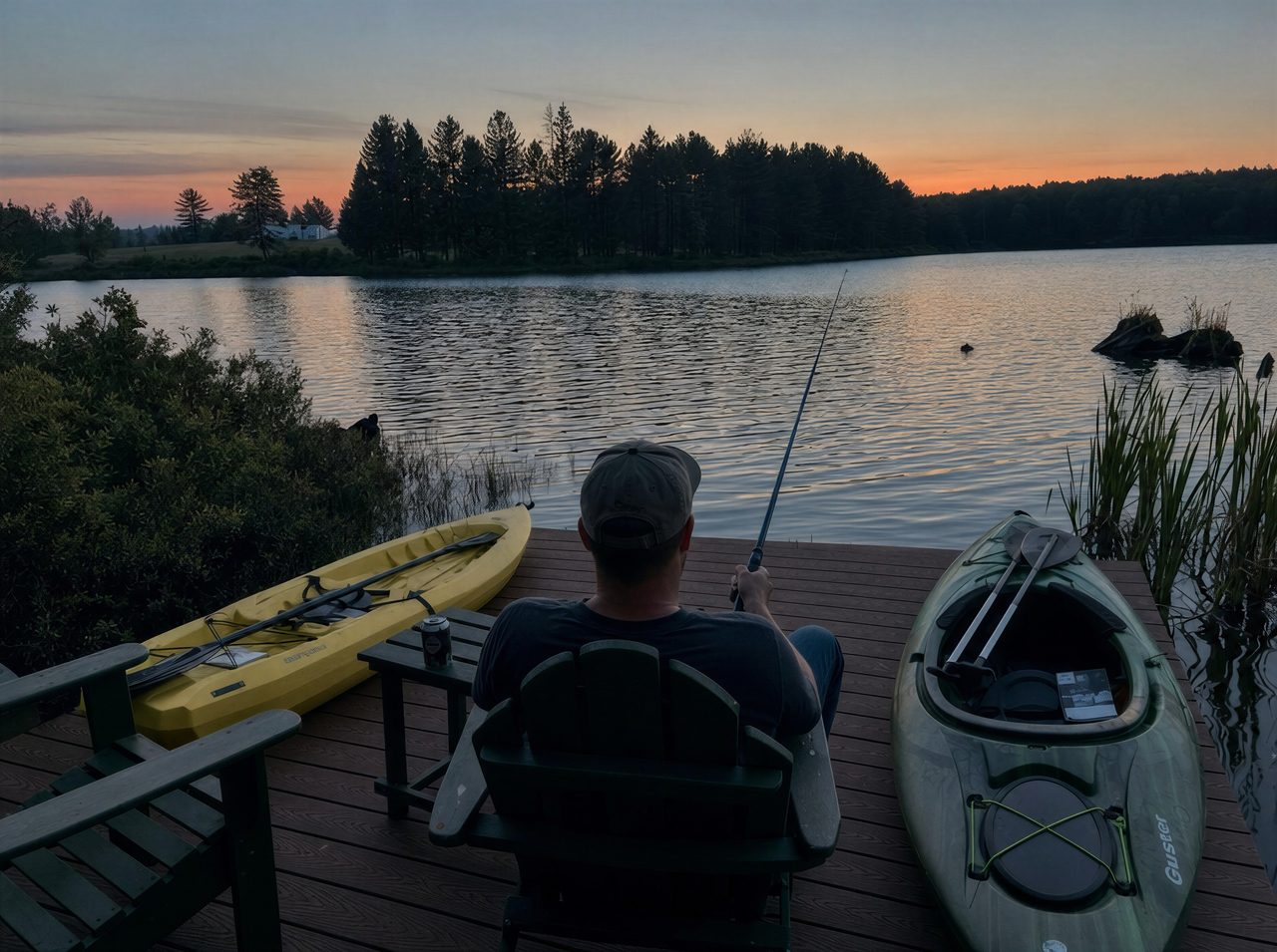 An angler fishing from the private dock at sunset at Inkwood Reserve, near the Willowemoc and Beaverkill