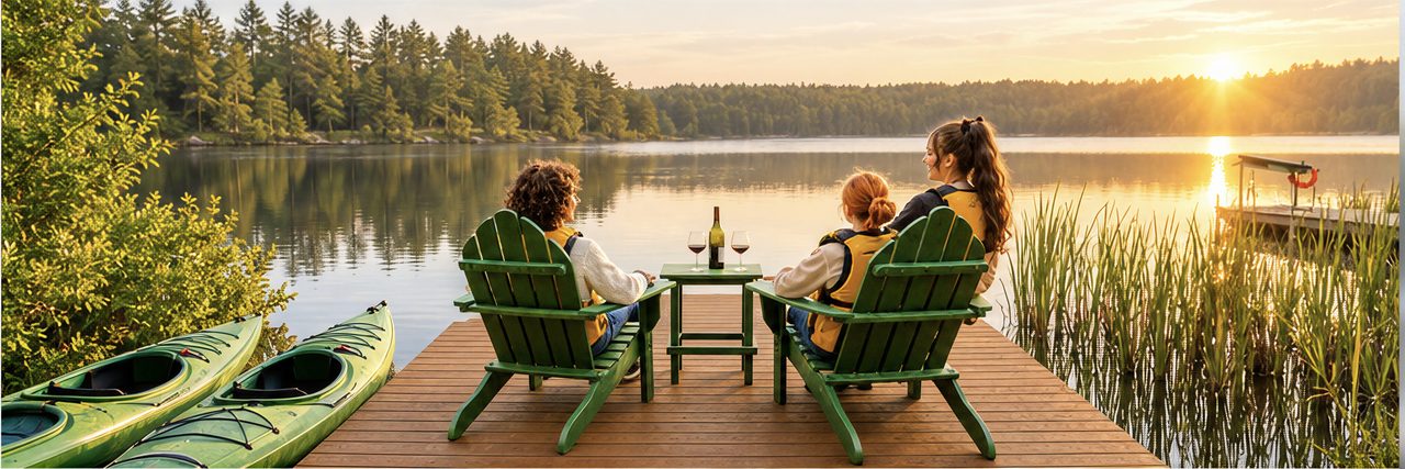 Two kayaks and guests on the private dock at sunset, Catskills cabin lake access near Livingston Manor