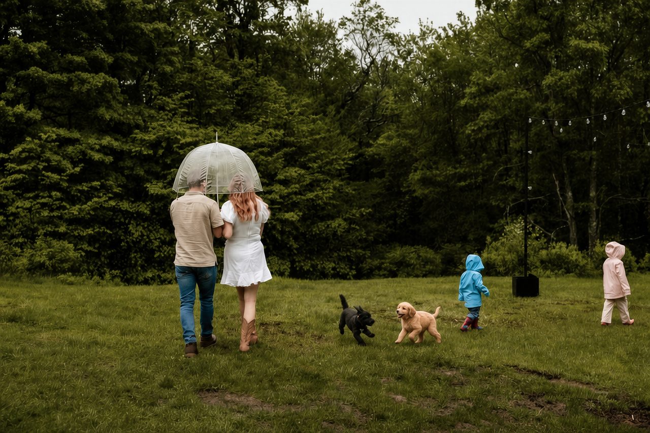 Two dogs playing on the open lawn beside their family at a pet-friendly cabin near Livingston Manor, NY