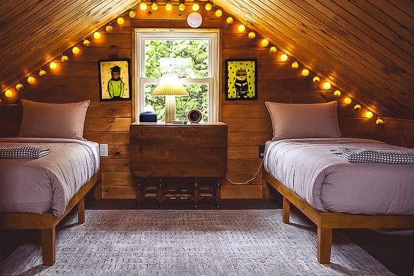 The Loft: A-frame bedroom with two twin beds under string lights