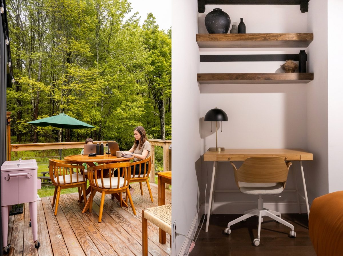 Working on a laptop at the deck table over the woods, with the cabin's indoor desk nook alongside, a remote-work cabin near Livingston Manor, NY