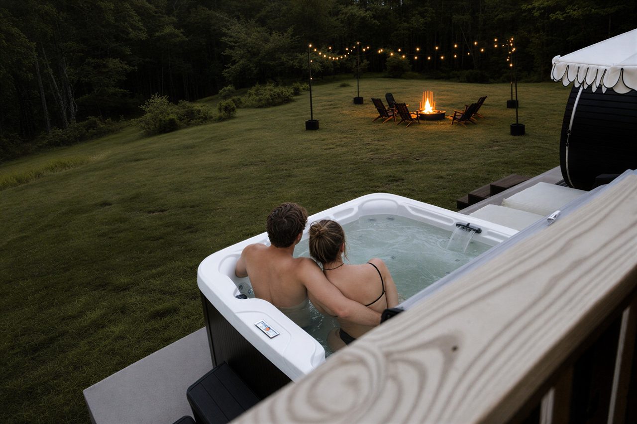 Couple relaxing in the private hot tub at dusk on a romantic cabin getaway, Livingston Manor